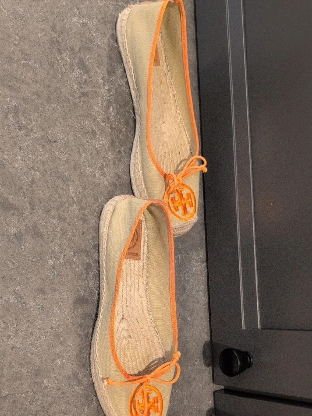 Tory Burch Beige Canvas Espadrille Flats with Orange Trim
